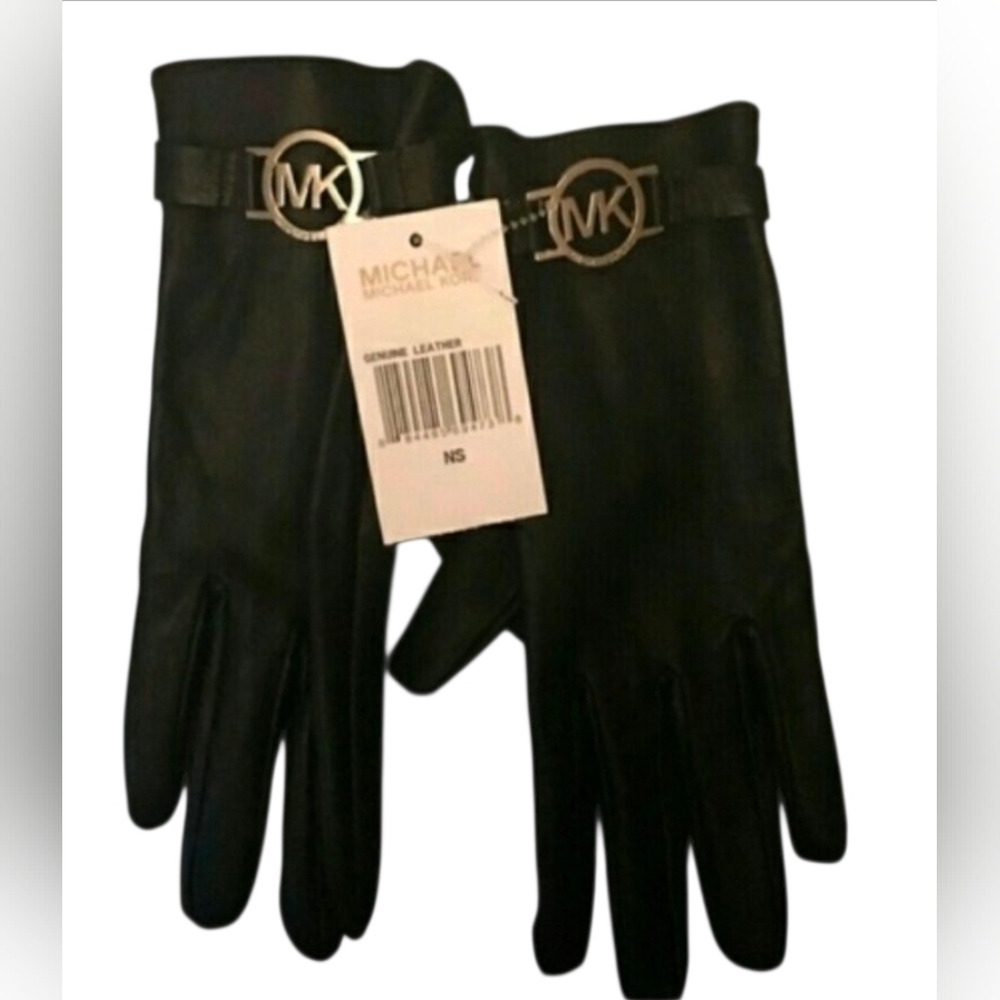 Michael Kors Black Lambskin Leather Gloves With Silvertone MK Logo NWT